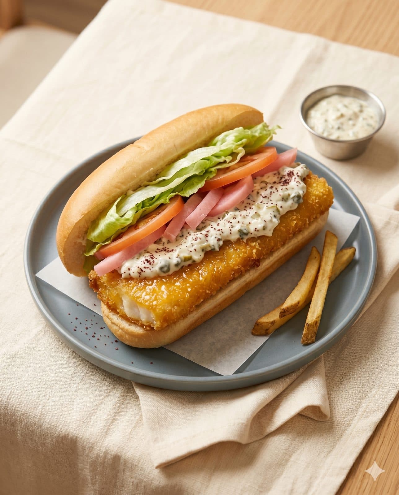 Crispy Fillet Burger — Crispy fillet, tartar, mozzarella slice, lettuce, pickles