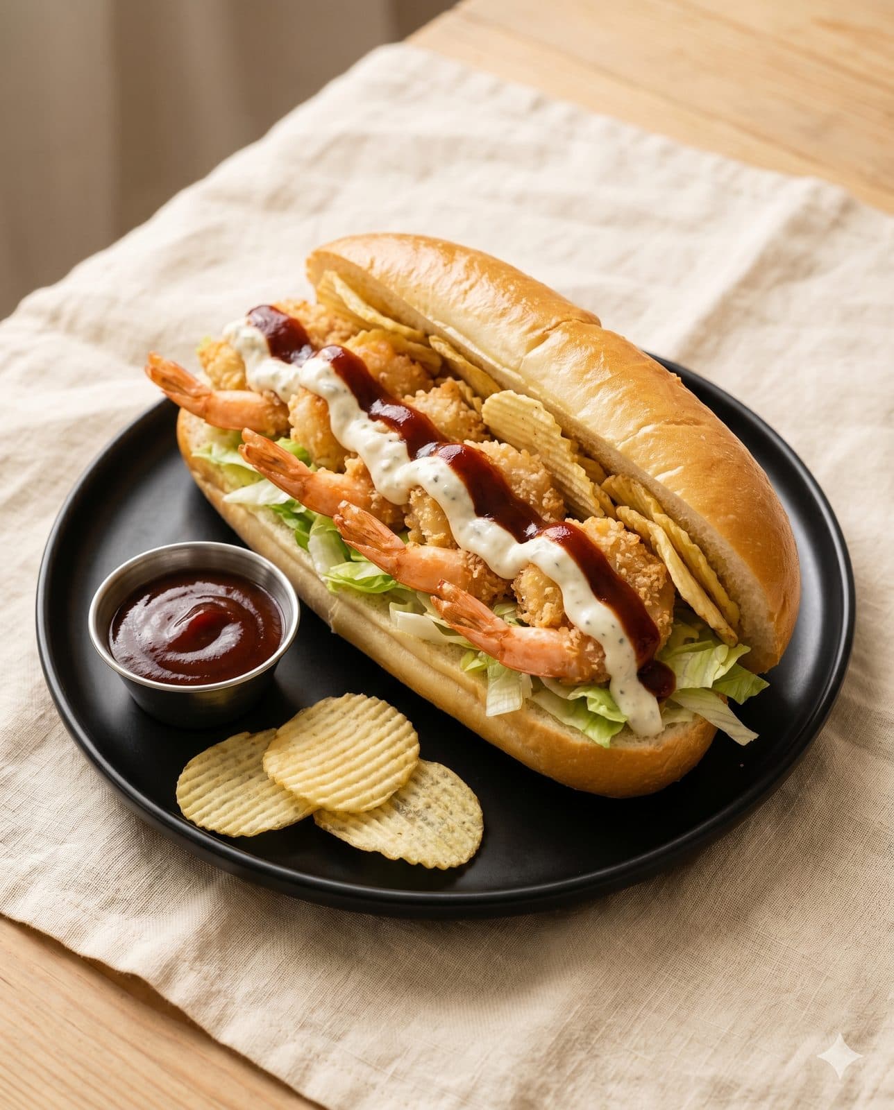 Chahine's Shrimp — Shrimp, tartar, BBQ sauce, lettuce, potato chips